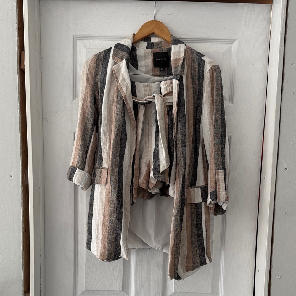 Dynamite Linen Striped Blazer and Shorts Set